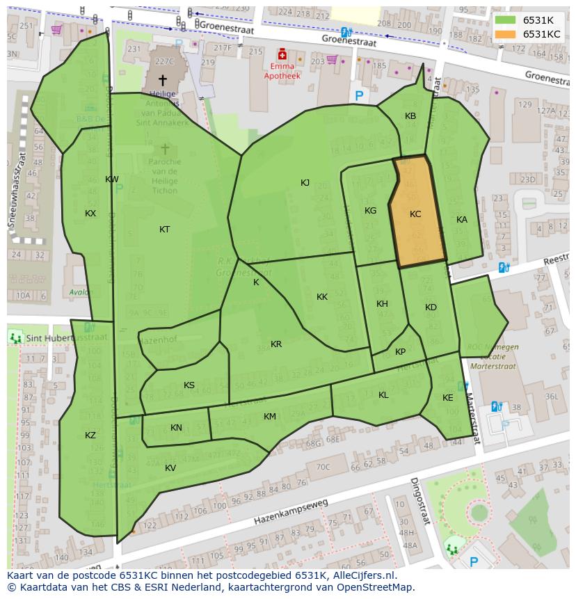Afbeelding van het postcodegebied 6531 KC op de kaart.