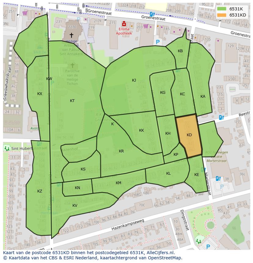 Afbeelding van het postcodegebied 6531 KD op de kaart.