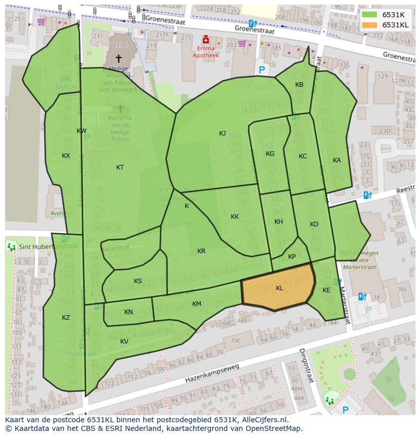 Afbeelding van het postcodegebied 6531 KL op de kaart.