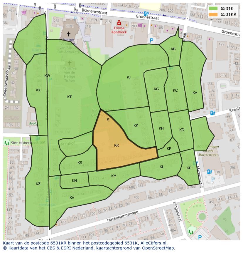 Afbeelding van het postcodegebied 6531 KR op de kaart.