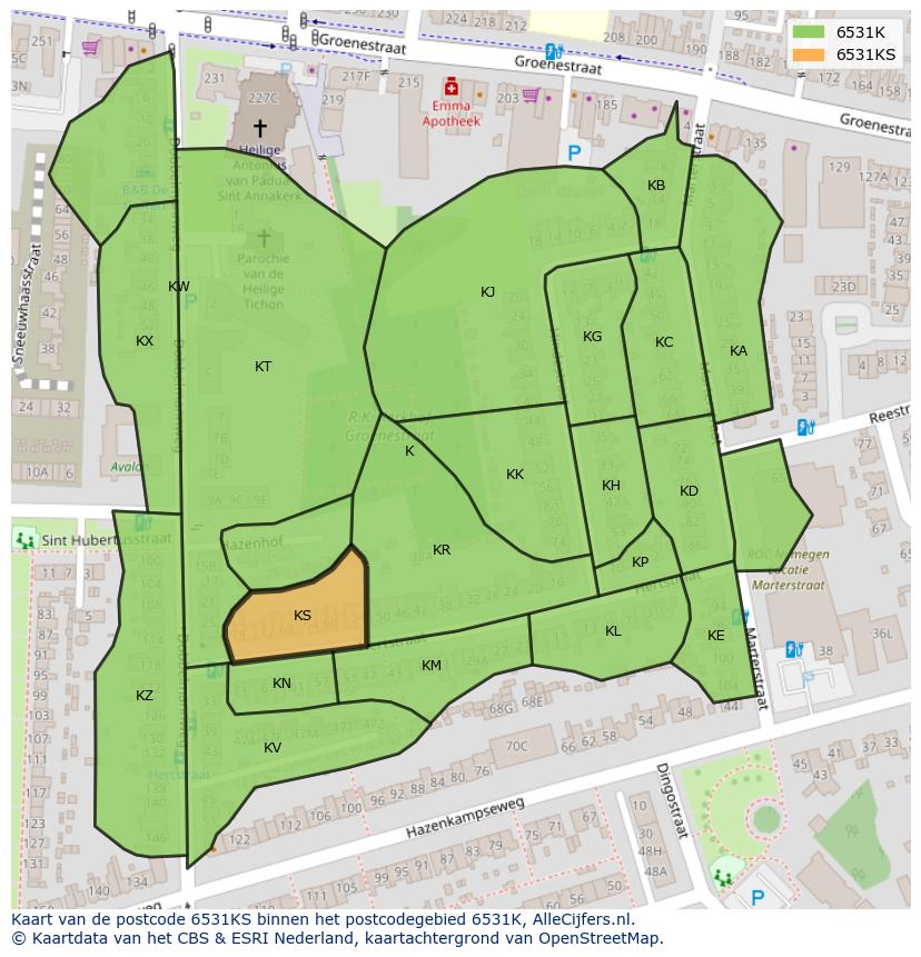 Afbeelding van het postcodegebied 6531 KS op de kaart.