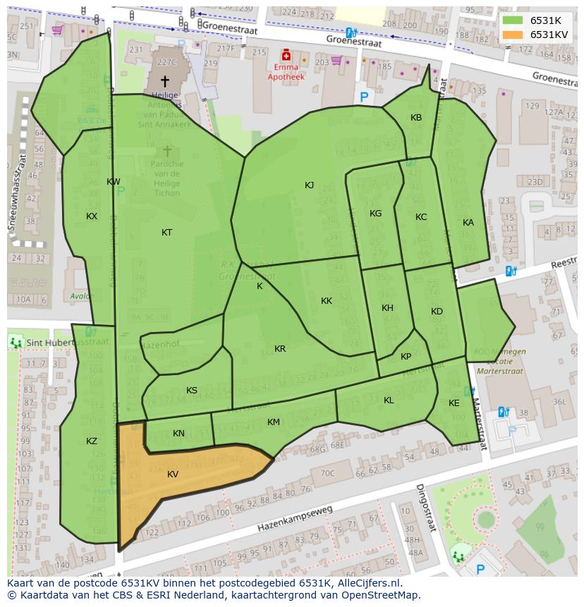 Afbeelding van het postcodegebied 6531 KV op de kaart.