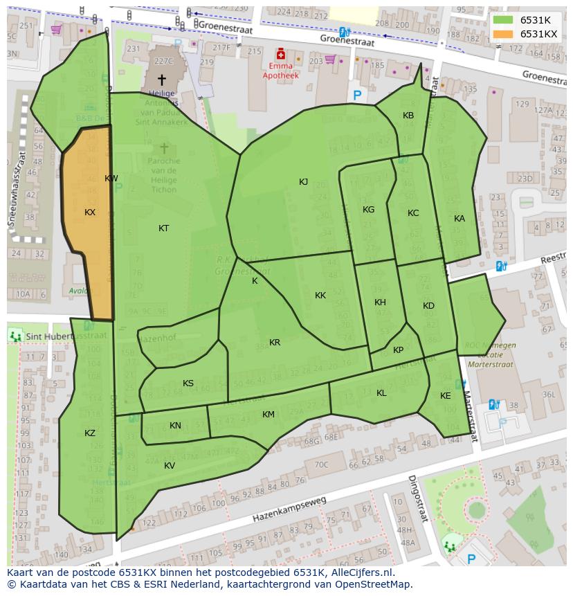 Afbeelding van het postcodegebied 6531 KX op de kaart.