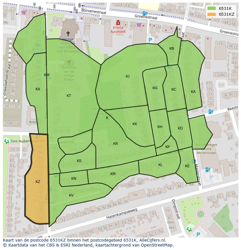 Afbeelding van het postcodegebied 6531 KZ op de kaart.