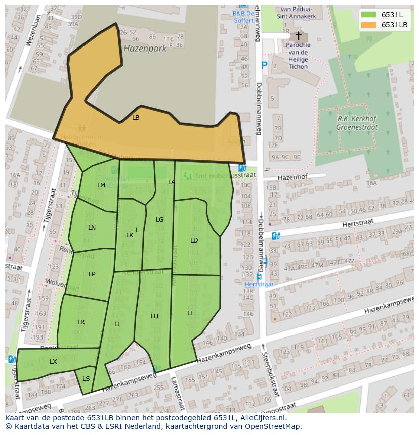 Afbeelding van het postcodegebied 6531 LB op de kaart.
