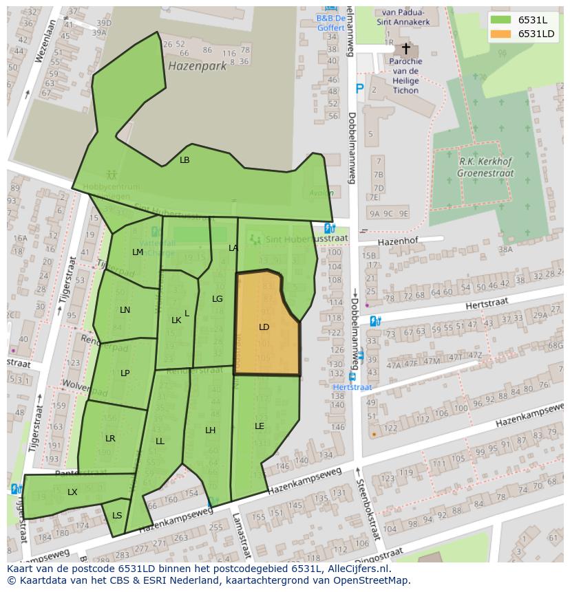 Afbeelding van het postcodegebied 6531 LD op de kaart.