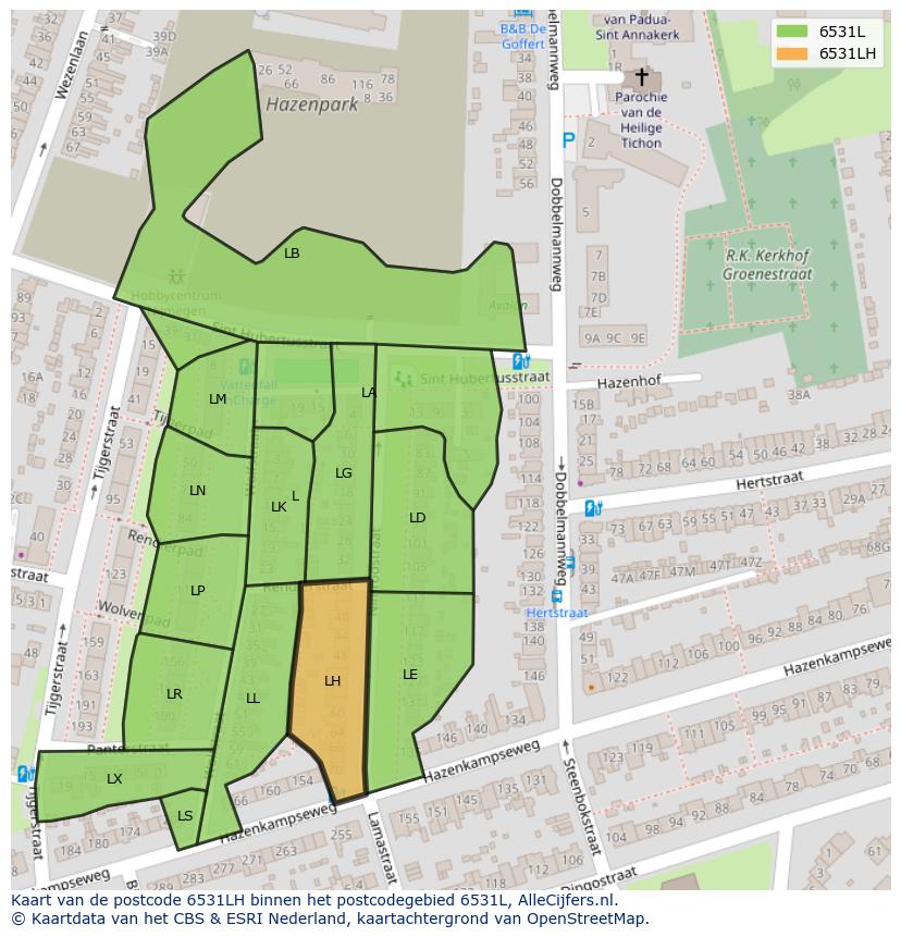 Afbeelding van het postcodegebied 6531 LH op de kaart.
