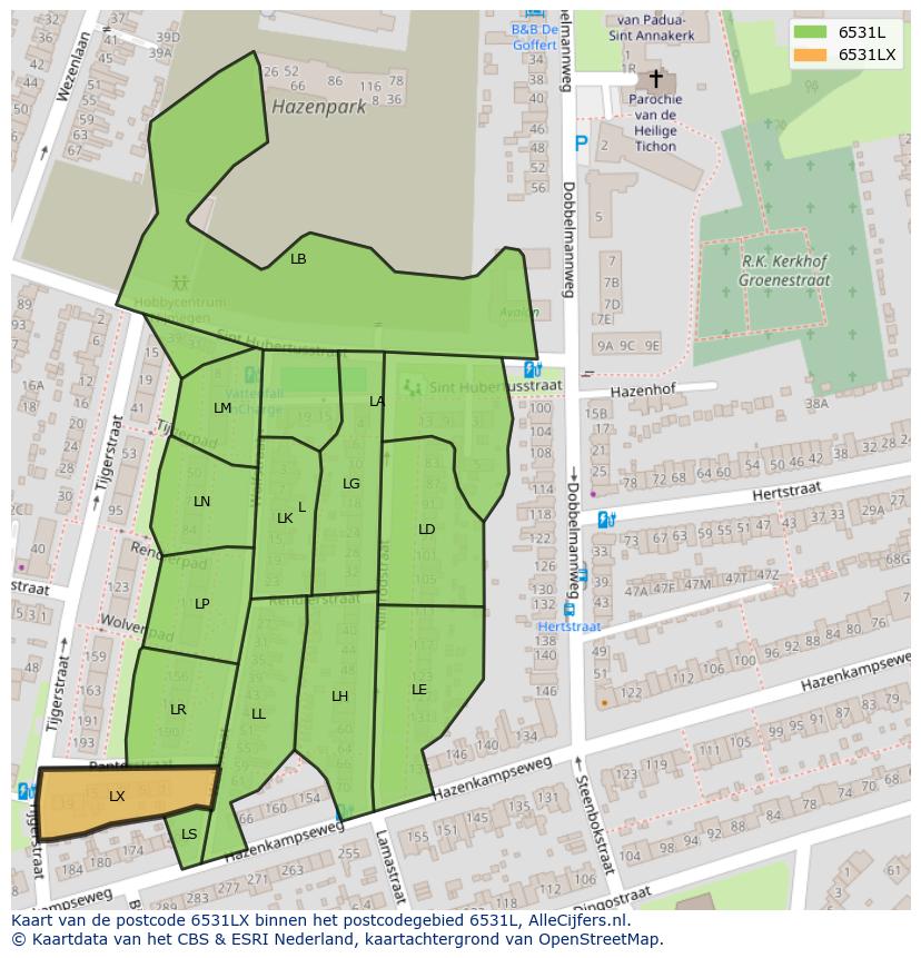 Afbeelding van het postcodegebied 6531 LX op de kaart.