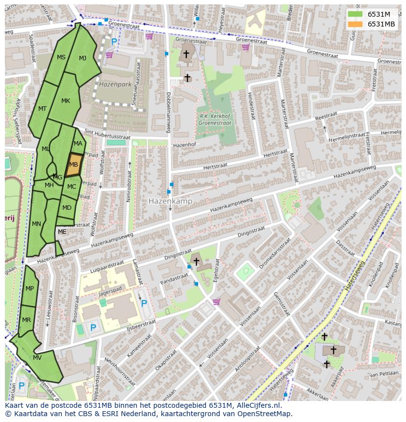 Afbeelding van het postcodegebied 6531 MB op de kaart.