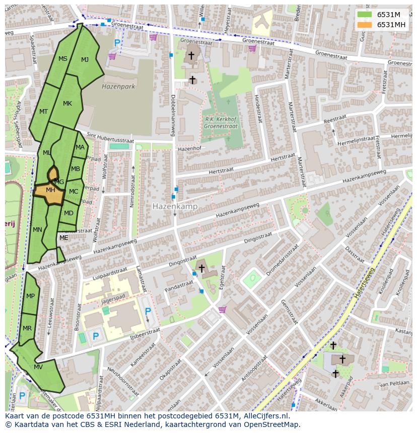 Afbeelding van het postcodegebied 6531 MH op de kaart.