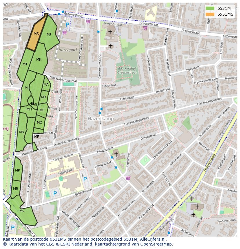 Afbeelding van het postcodegebied 6531 MS op de kaart.