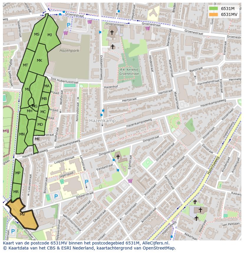 Afbeelding van het postcodegebied 6531 MV op de kaart.