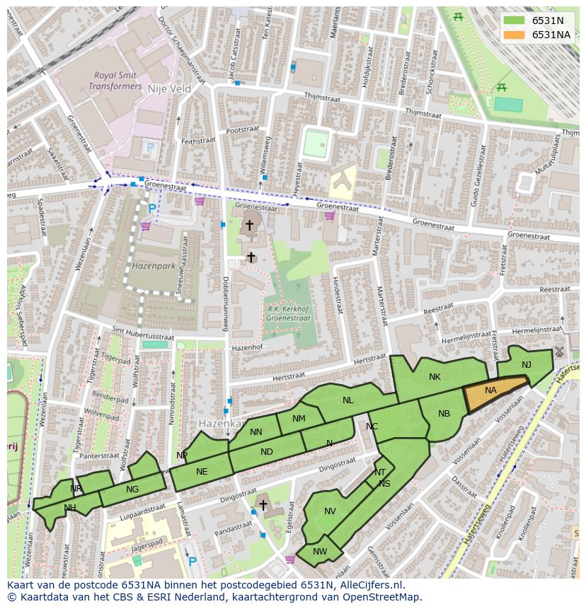 Afbeelding van het postcodegebied 6531 NA op de kaart.