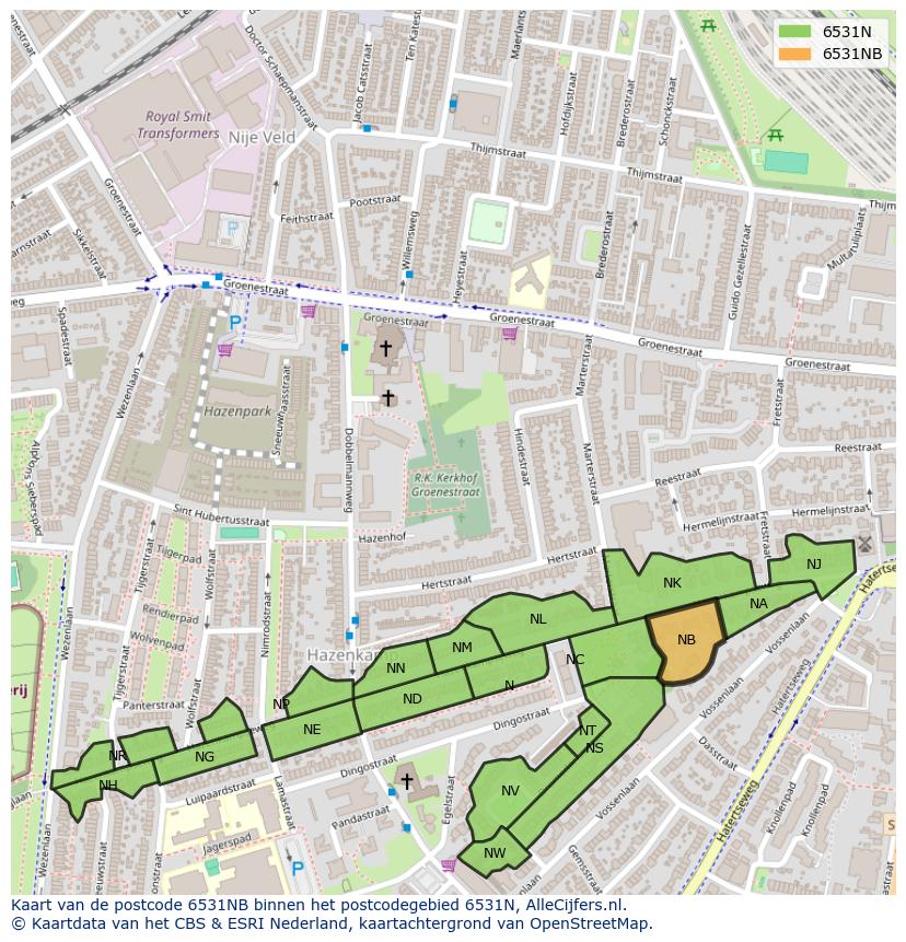 Afbeelding van het postcodegebied 6531 NB op de kaart.