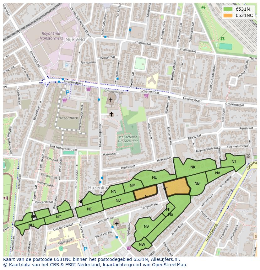 Afbeelding van het postcodegebied 6531 NC op de kaart.