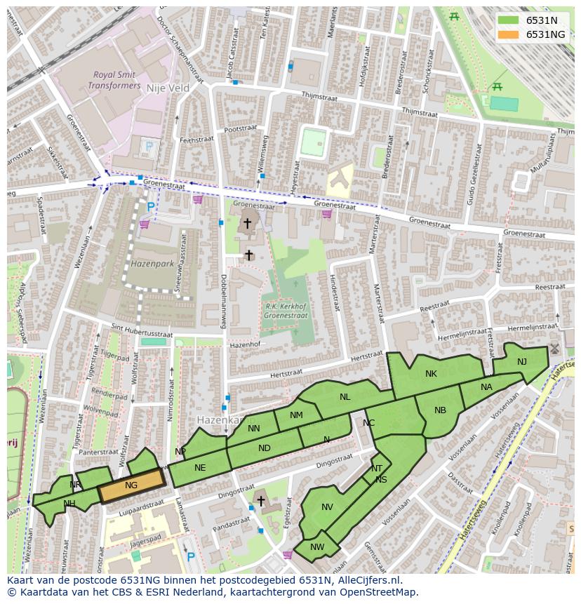 Afbeelding van het postcodegebied 6531 NG op de kaart.