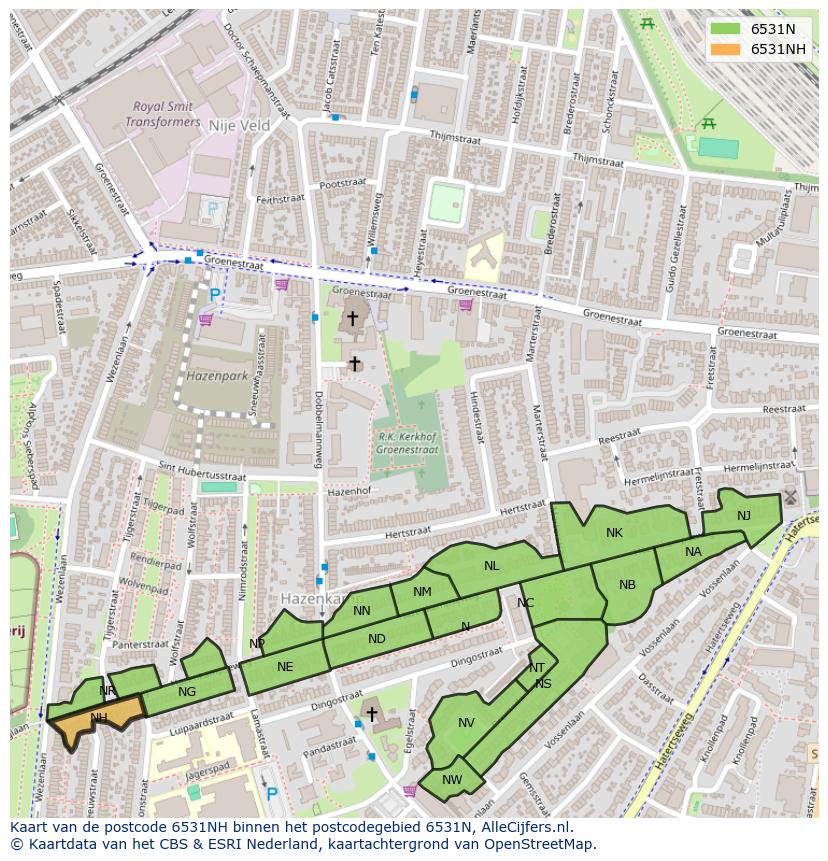 Afbeelding van het postcodegebied 6531 NH op de kaart.