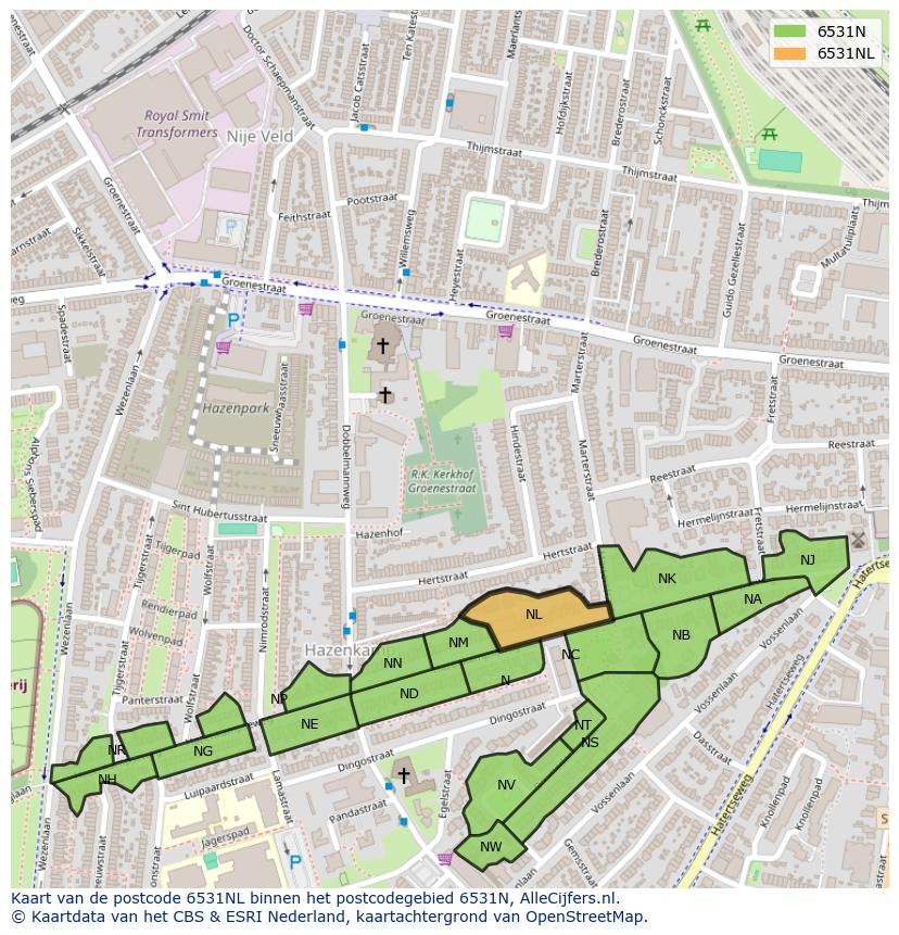 Afbeelding van het postcodegebied 6531 NL op de kaart.