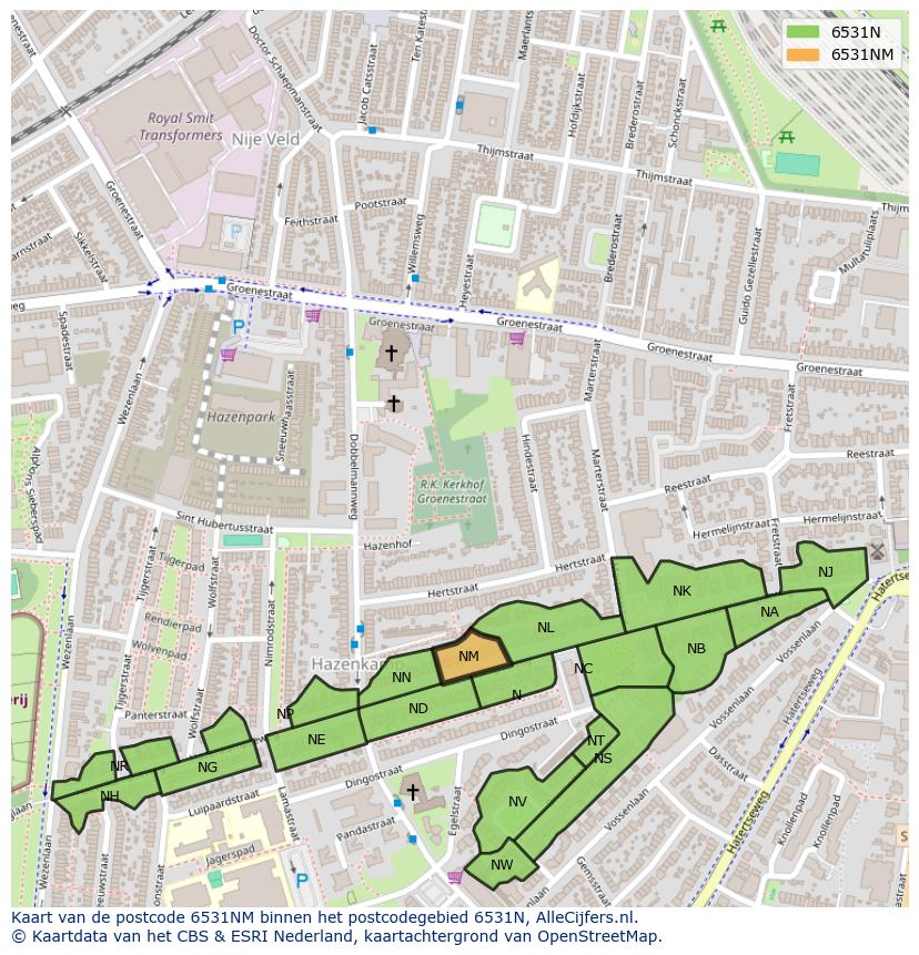 Afbeelding van het postcodegebied 6531 NM op de kaart.