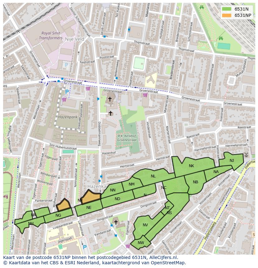 Afbeelding van het postcodegebied 6531 NP op de kaart.