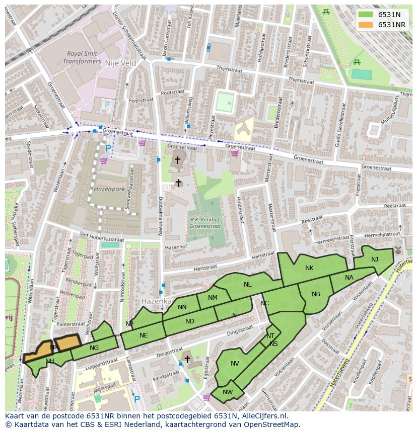 Afbeelding van het postcodegebied 6531 NR op de kaart.