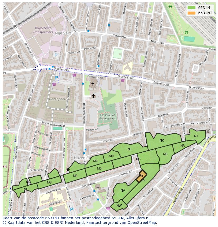 Afbeelding van het postcodegebied 6531 NT op de kaart.