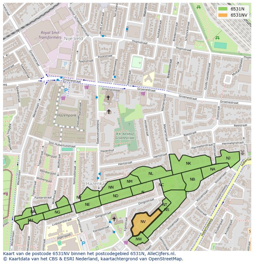 Afbeelding van het postcodegebied 6531 NV op de kaart.
