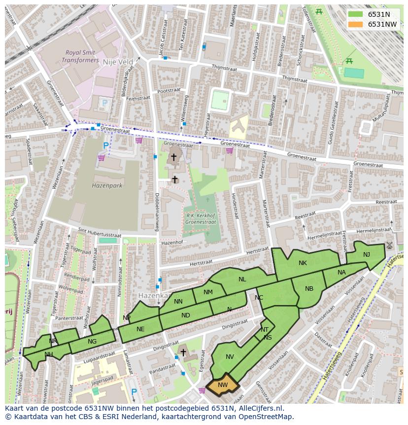 Afbeelding van het postcodegebied 6531 NW op de kaart.