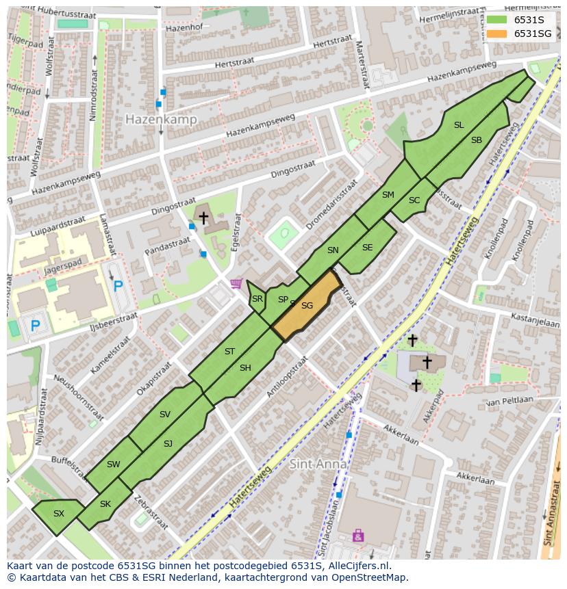 Afbeelding van het postcodegebied 6531 SG op de kaart.