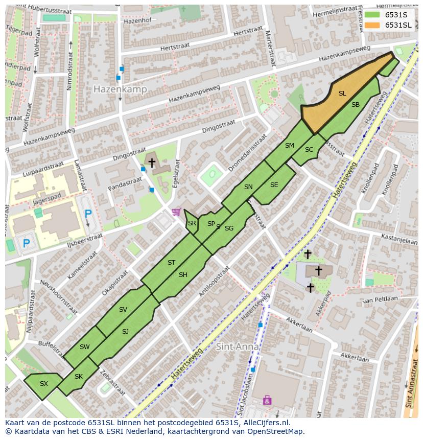 Afbeelding van het postcodegebied 6531 SL op de kaart.