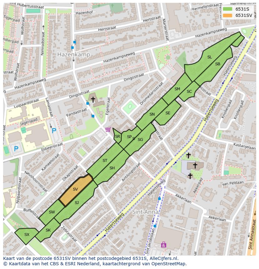 Afbeelding van het postcodegebied 6531 SV op de kaart.
