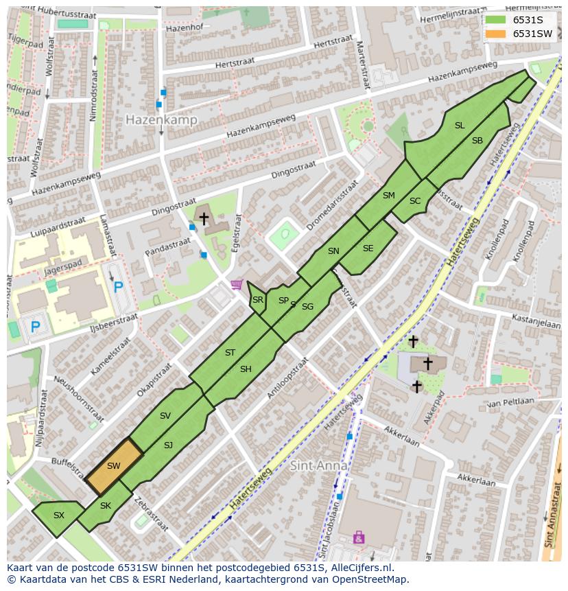 Afbeelding van het postcodegebied 6531 SW op de kaart.