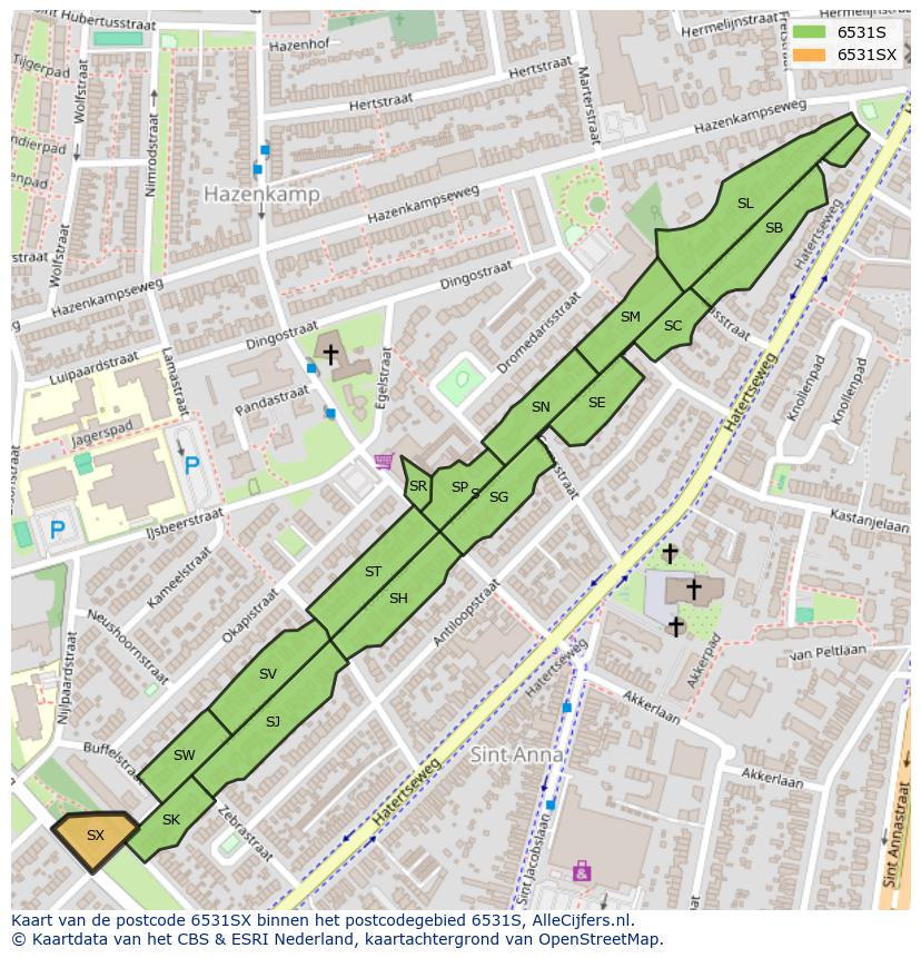 Afbeelding van het postcodegebied 6531 SX op de kaart.