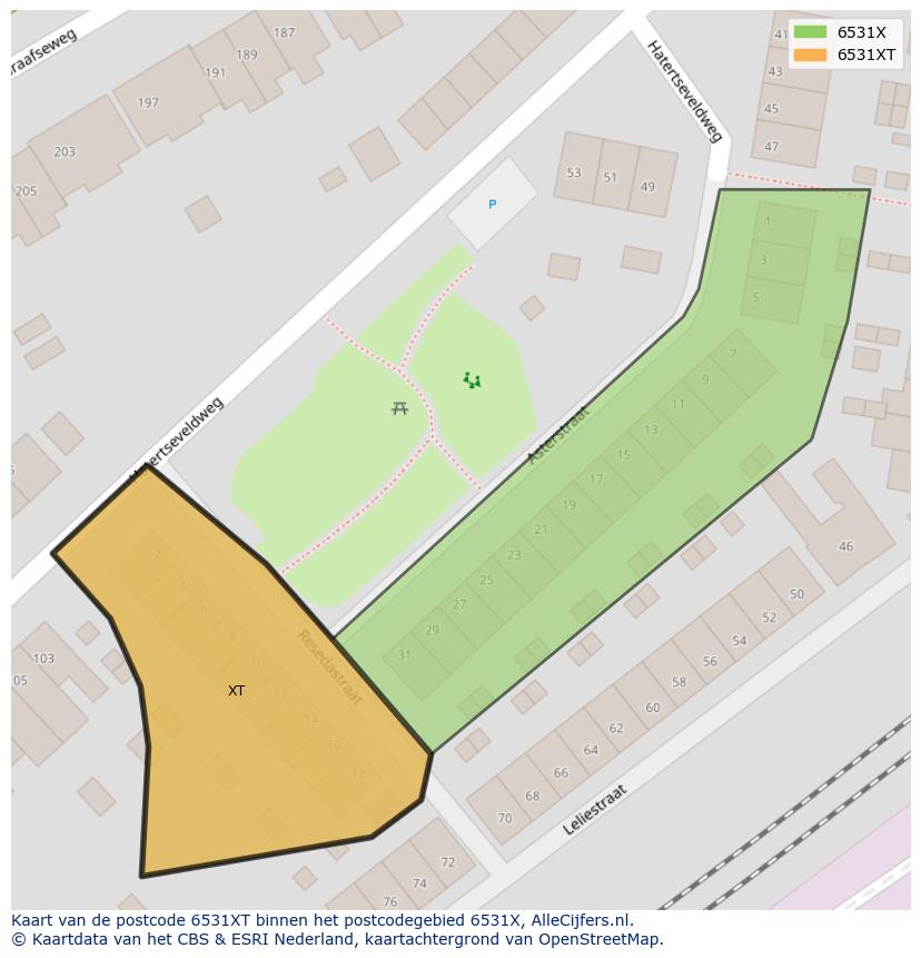 Afbeelding van het postcodegebied 6531 XT op de kaart.