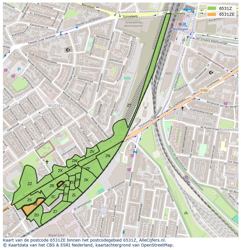 Afbeelding van het postcodegebied 6531 ZE op de kaart.