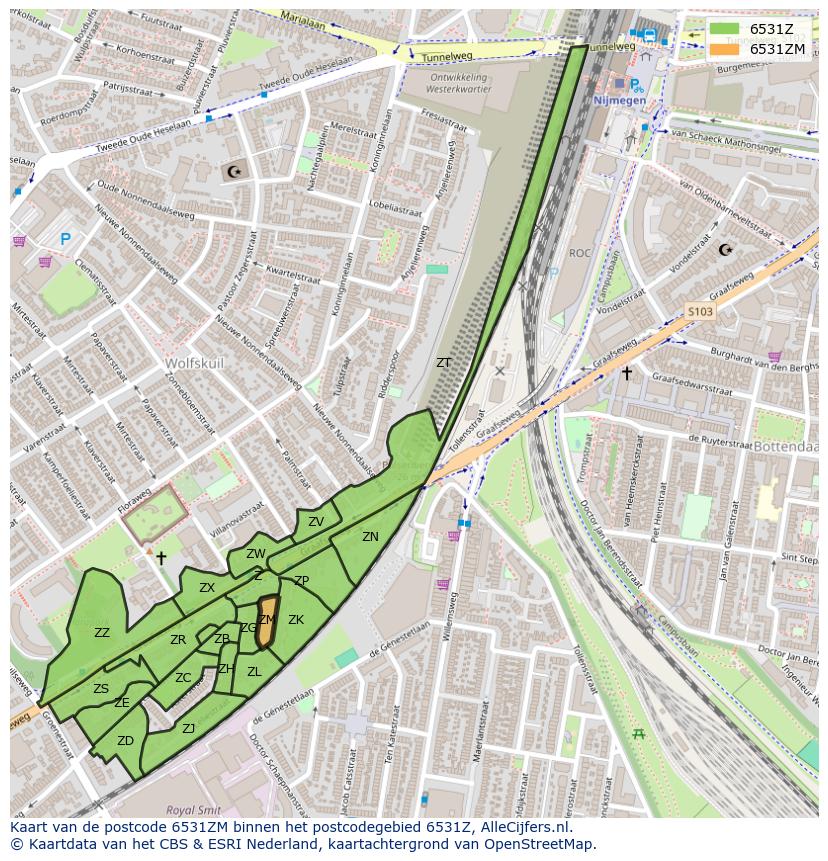 Afbeelding van het postcodegebied 6531 ZM op de kaart.