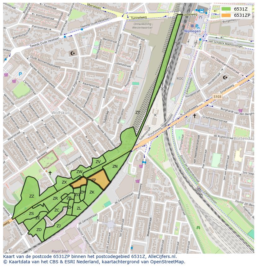 Afbeelding van het postcodegebied 6531 ZP op de kaart.