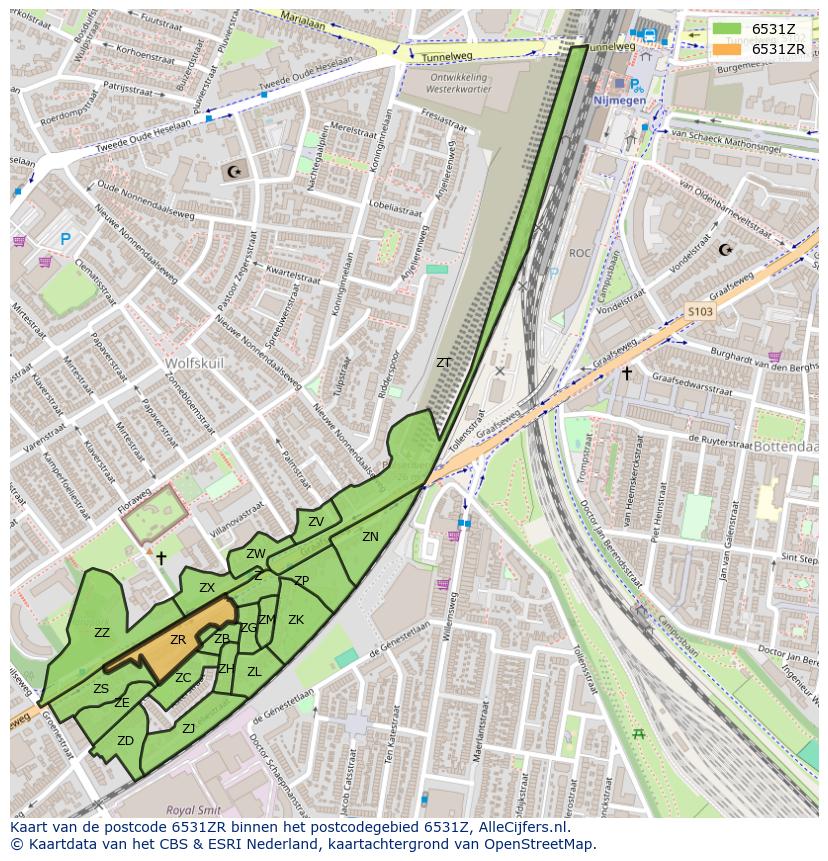 Afbeelding van het postcodegebied 6531 ZR op de kaart.
