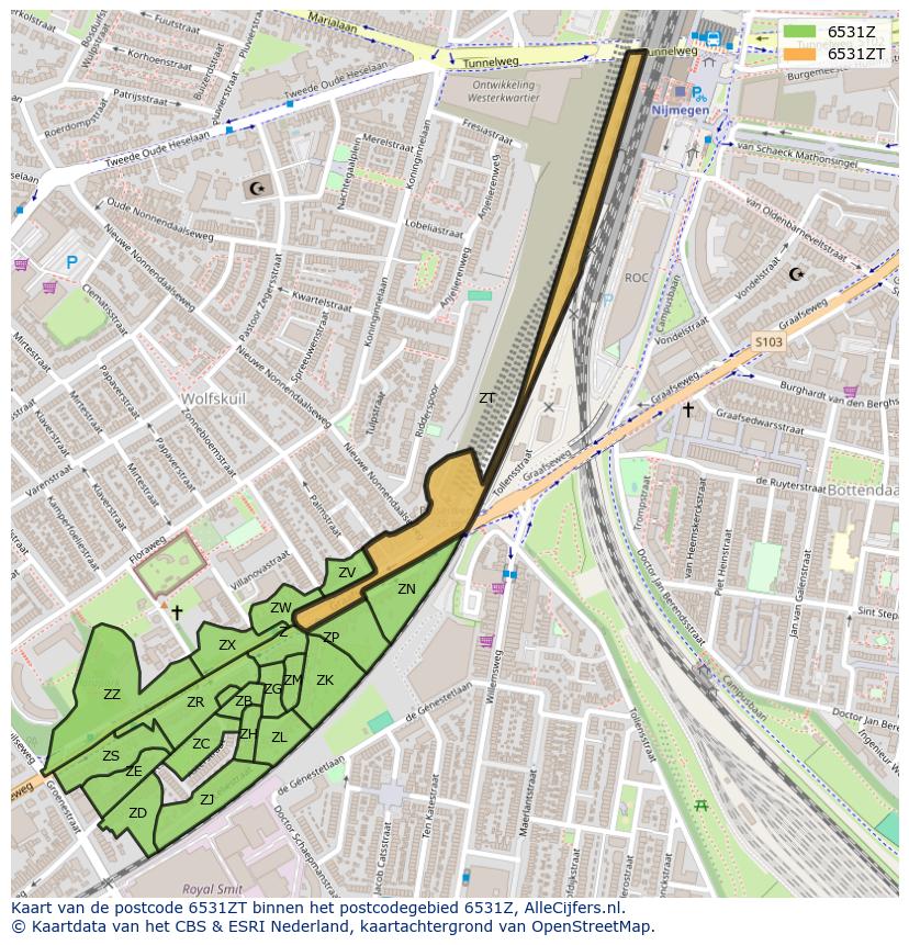 Afbeelding van het postcodegebied 6531 ZT op de kaart.