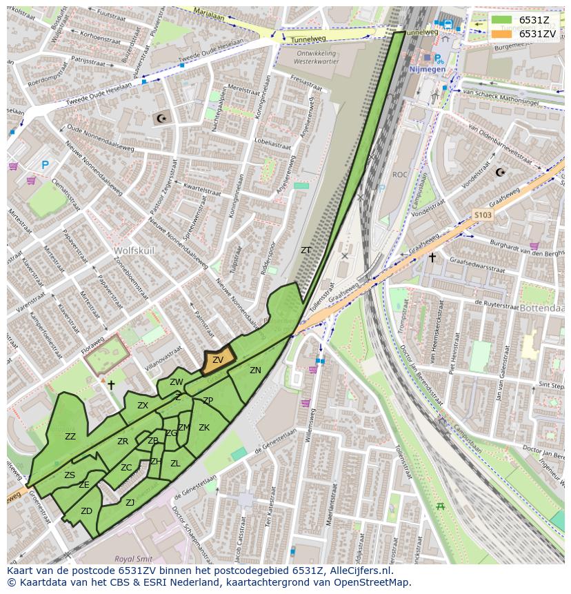 Afbeelding van het postcodegebied 6531 ZV op de kaart.