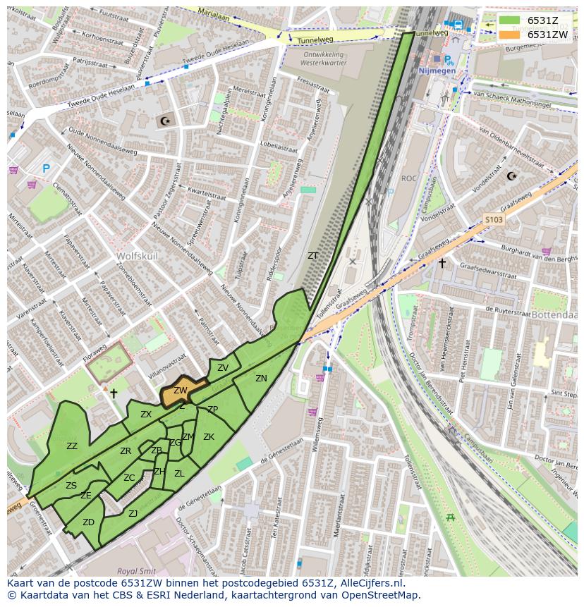 Afbeelding van het postcodegebied 6531 ZW op de kaart.