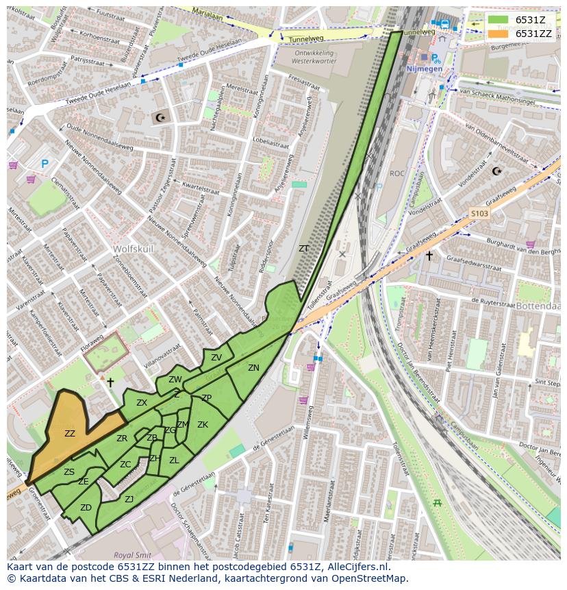 Afbeelding van het postcodegebied 6531 ZZ op de kaart.