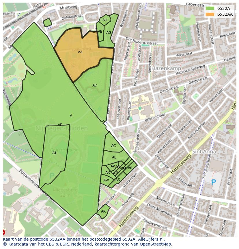 Afbeelding van het postcodegebied 6532 AA op de kaart.