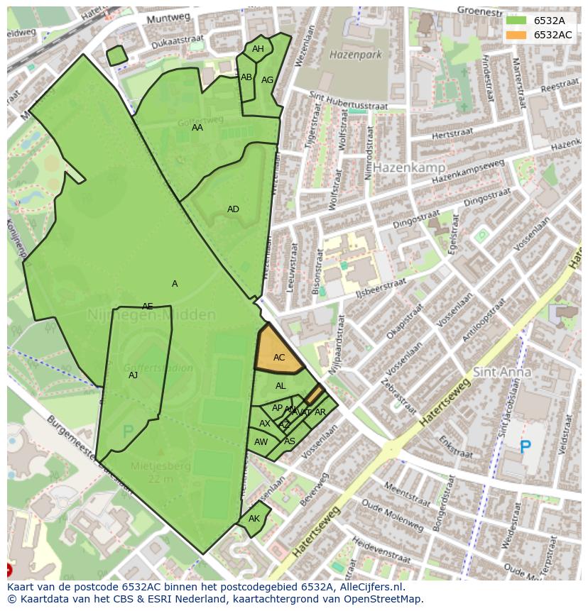 Afbeelding van het postcodegebied 6532 AC op de kaart.
