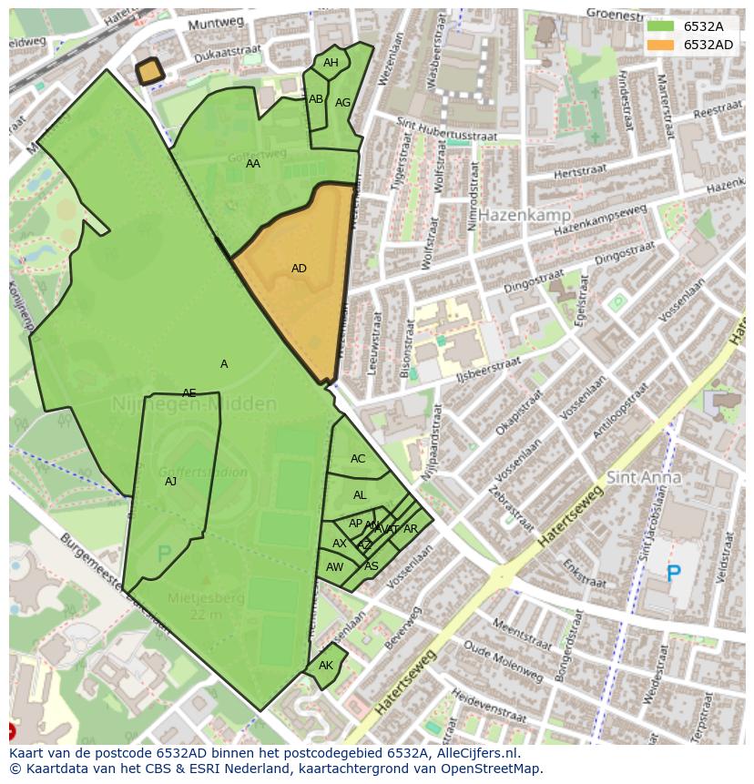 Afbeelding van het postcodegebied 6532 AD op de kaart.