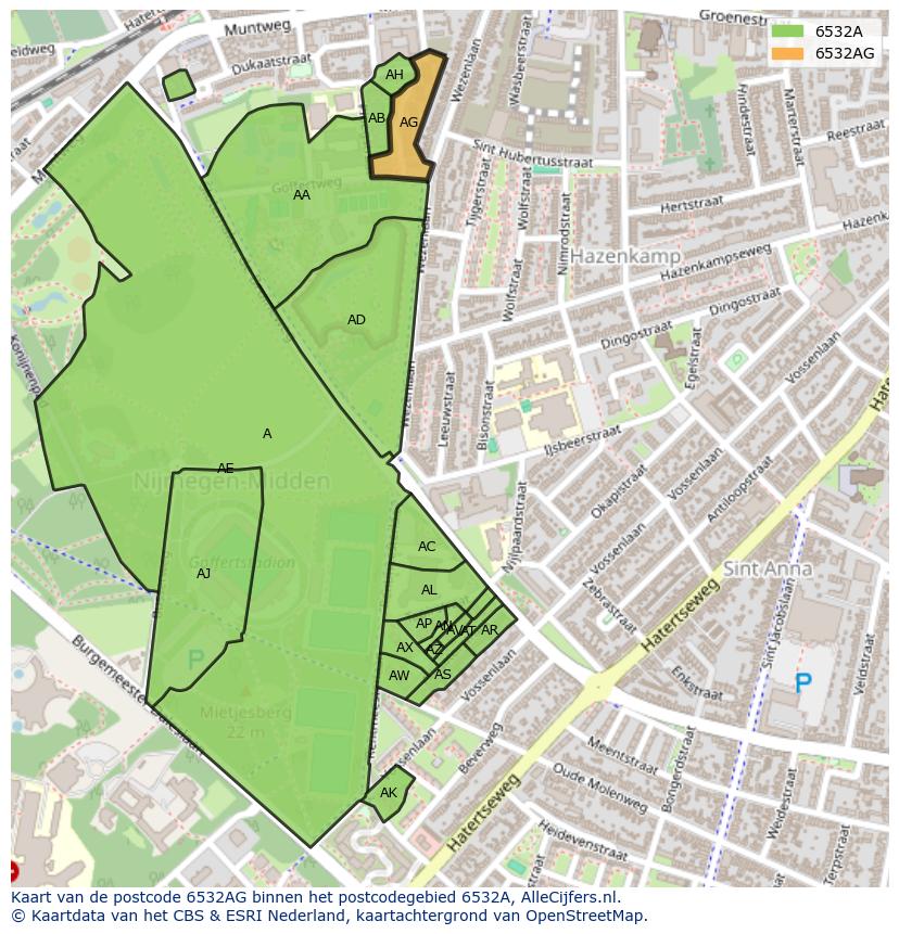 Afbeelding van het postcodegebied 6532 AG op de kaart.