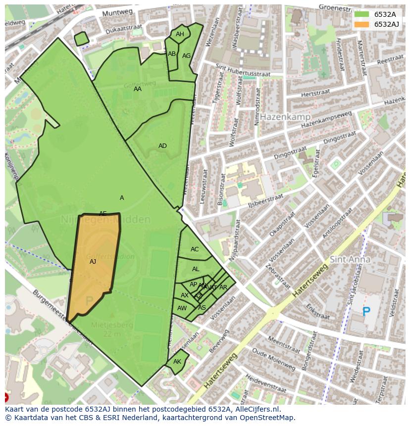 Afbeelding van het postcodegebied 6532 AJ op de kaart.