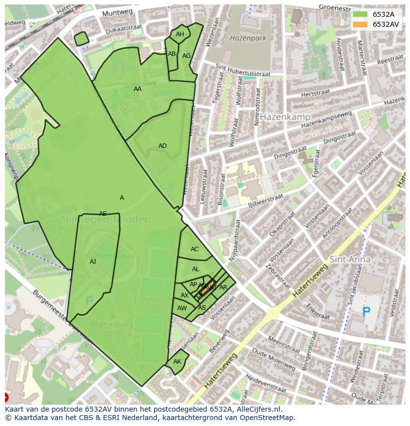 Afbeelding van het postcodegebied 6532 AV op de kaart.