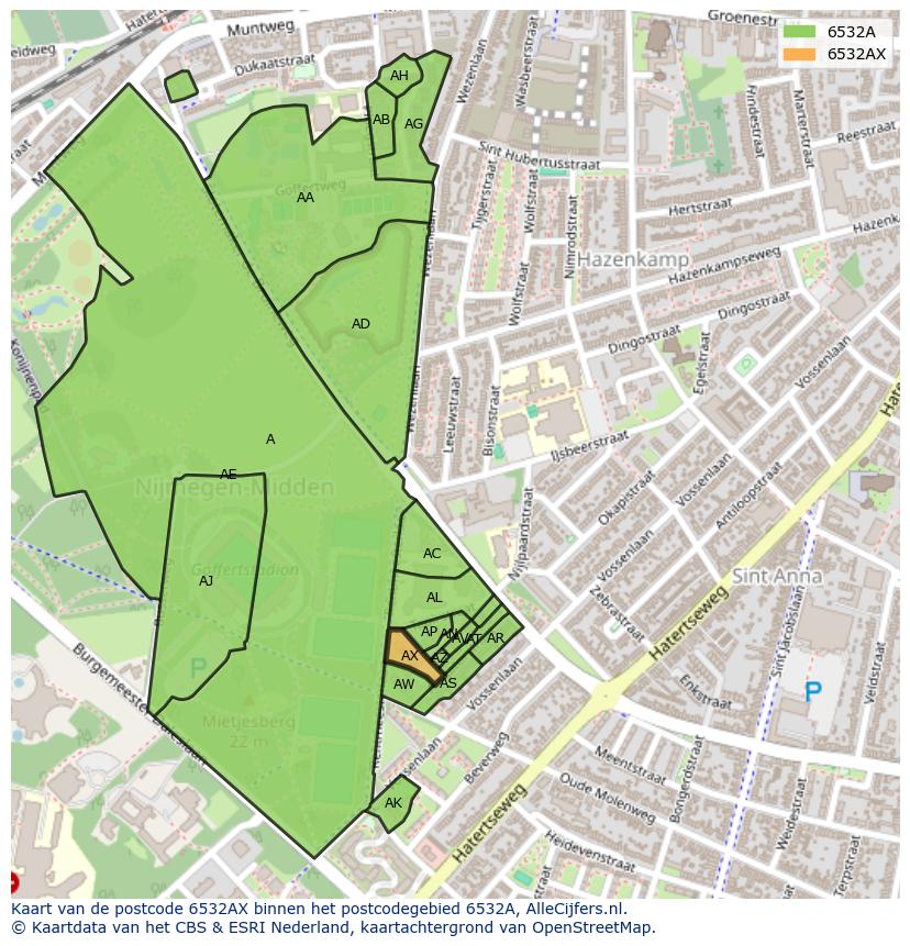Afbeelding van het postcodegebied 6532 AX op de kaart.
