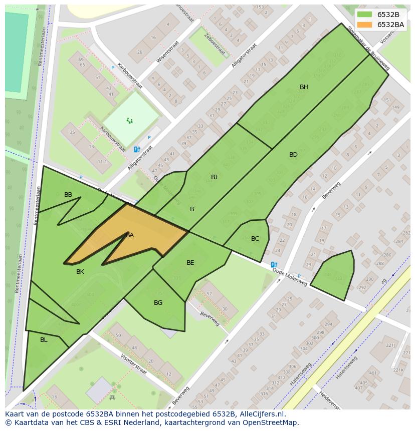 Afbeelding van het postcodegebied 6532 BA op de kaart.